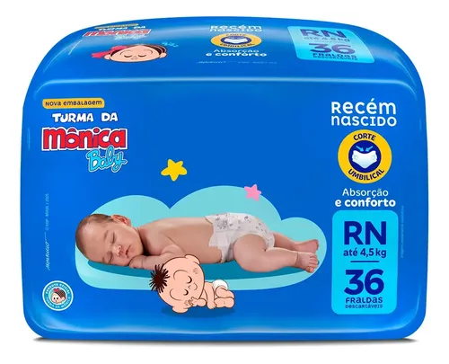 Fralda Descartável Turma da Mônica Baby Recém-Nascido Pacote - disponivel em RN / 36 unidades.